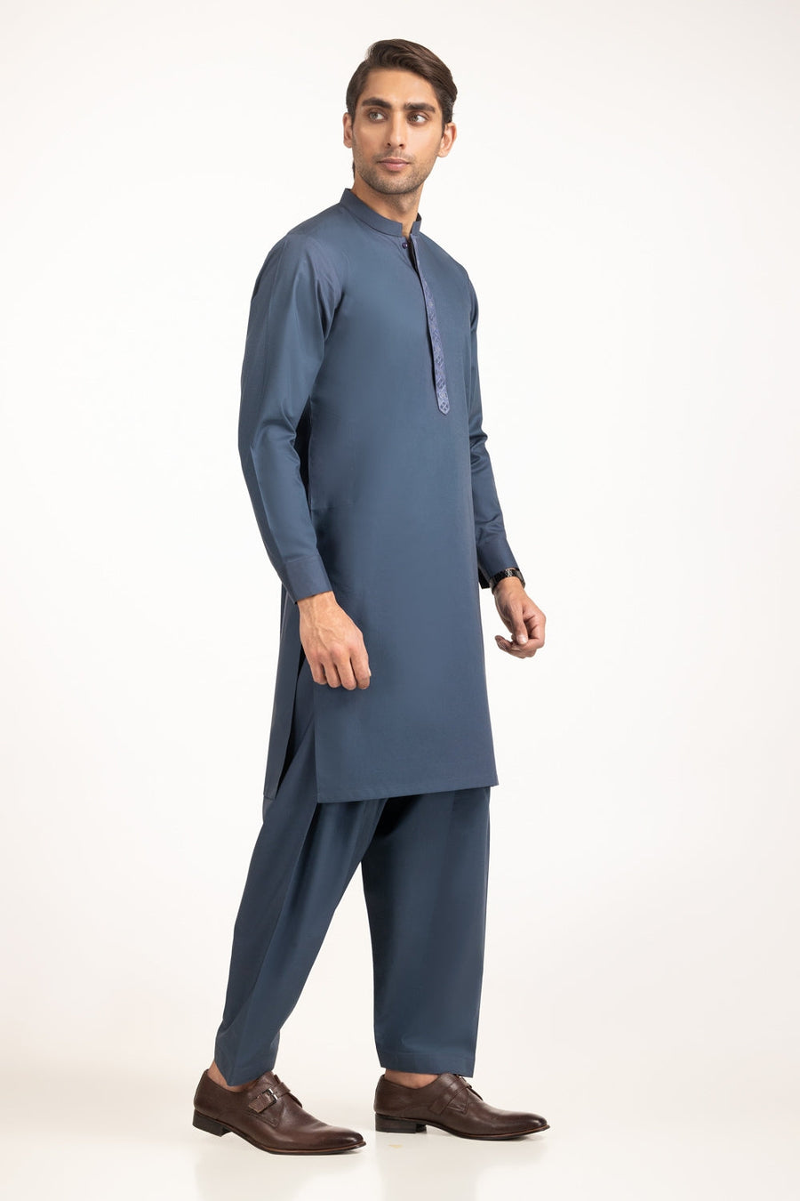 Slate Blue Mulberry Silk 3-Piece Kurta | Tilla Embroidery