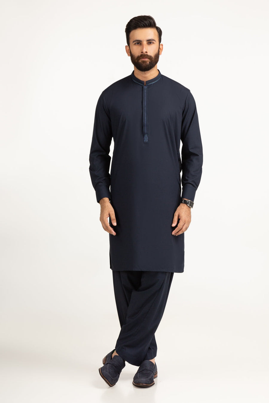 Midnight Navy Silk 3-Piece Kurta | Embroidered Henley Placket