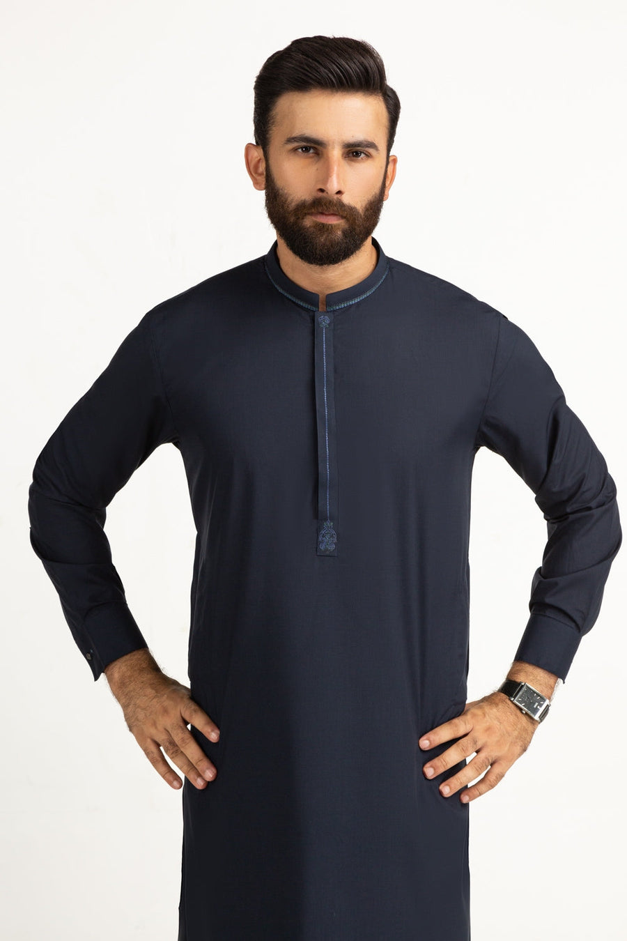 Midnight Navy Silk 3-Piece Kurta | Embroidered Henley Placket