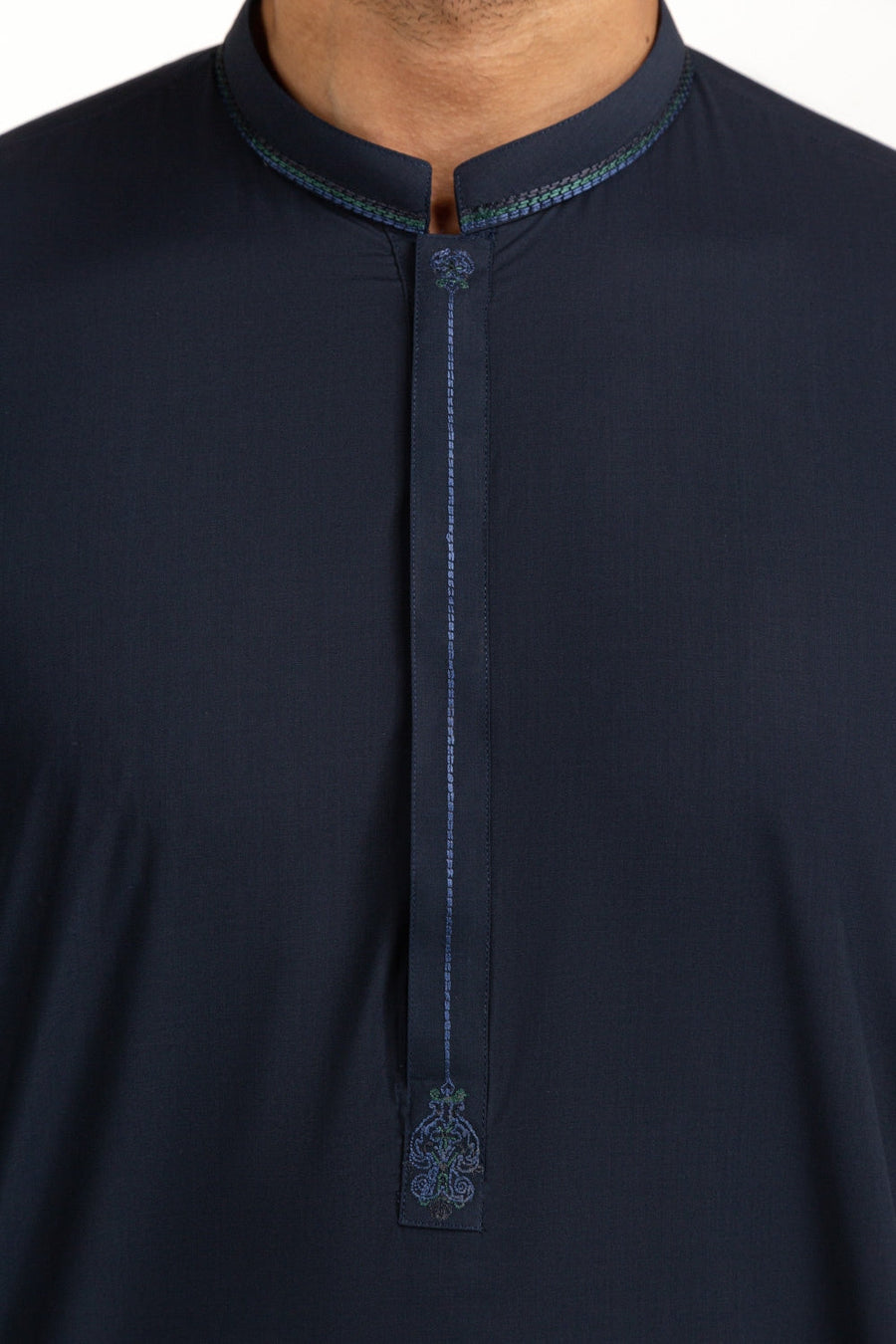 Midnight Navy Silk 3-Piece Kurta | Embroidered Henley Placket