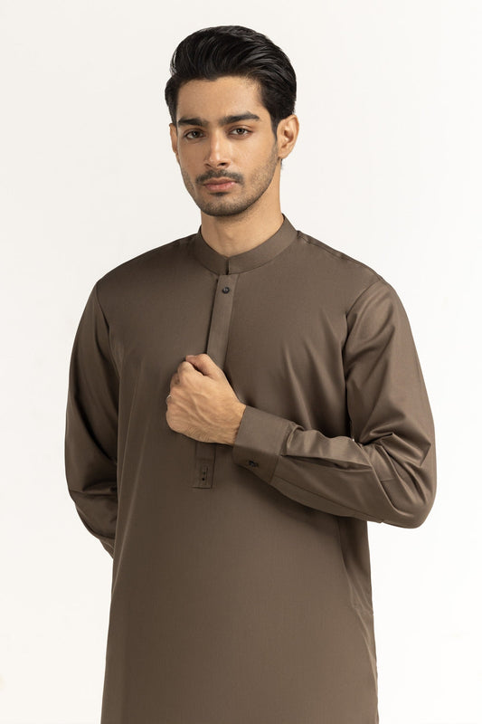 Chocolate Brown Cotton Lawn 2-Piece Kurta | Henley Neckline