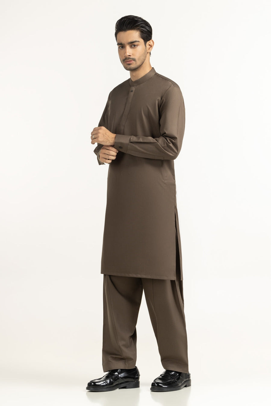 Chocolate Brown Cotton Lawn 2-Piece Kurta | Henley Neckline