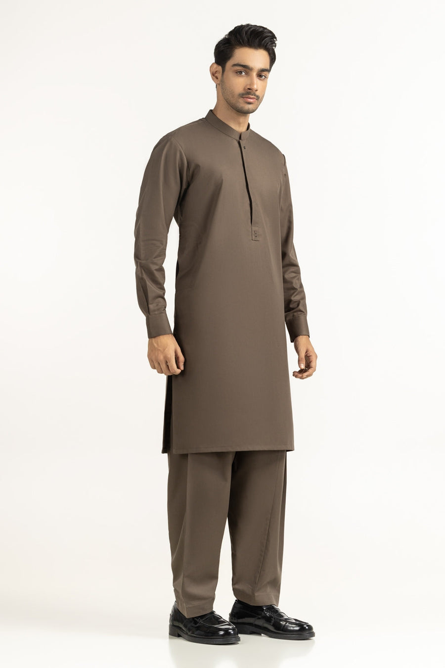 Chocolate Brown Cotton Lawn 2-Piece Kurta | Henley Neckline