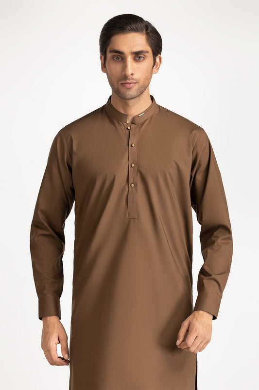 Chocolate Brown Silk 2-Piece Kurta | Mandarin Collar