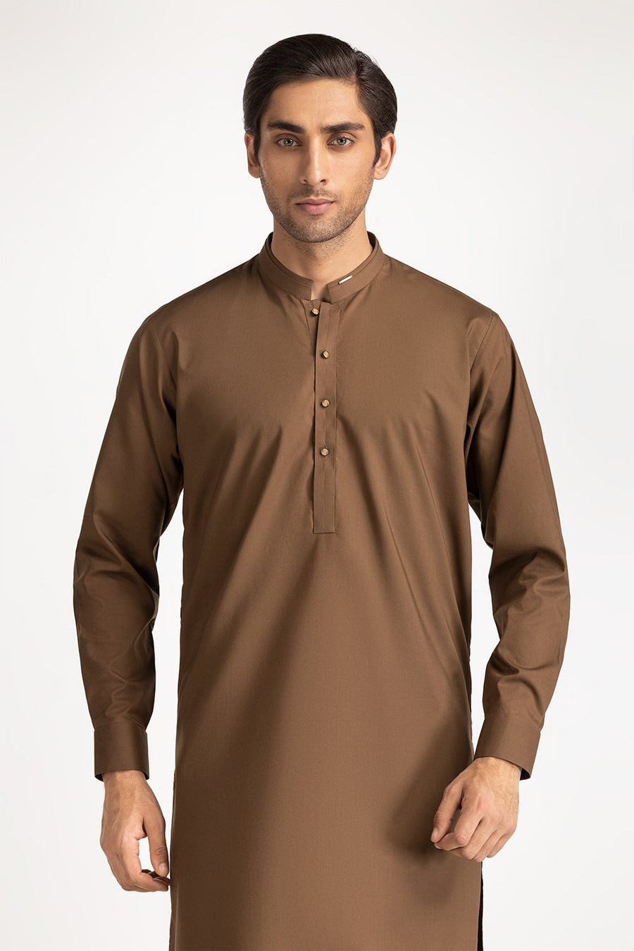 Chocolate Brown Silk 2-Piece Kurta | Mandarin Collar