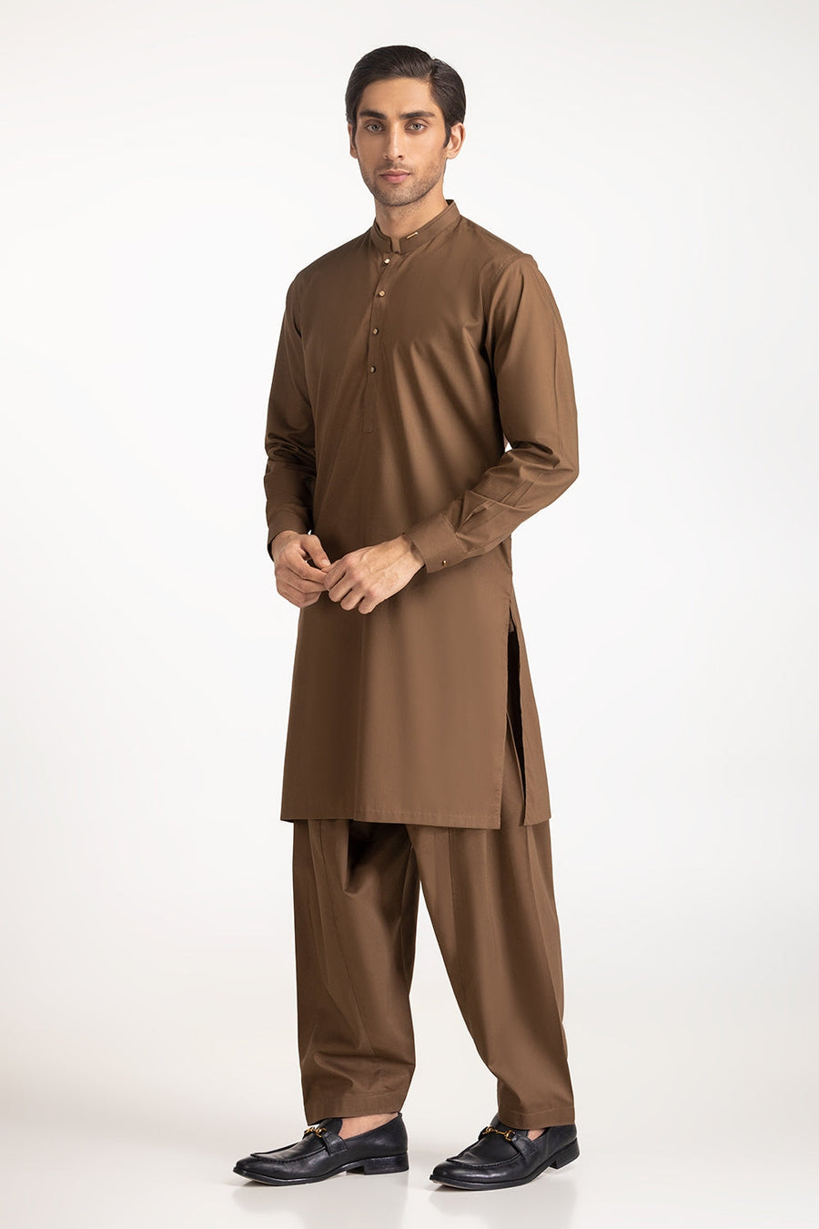 Chocolate Brown Silk 2-Piece Kurta | Mandarin Collar