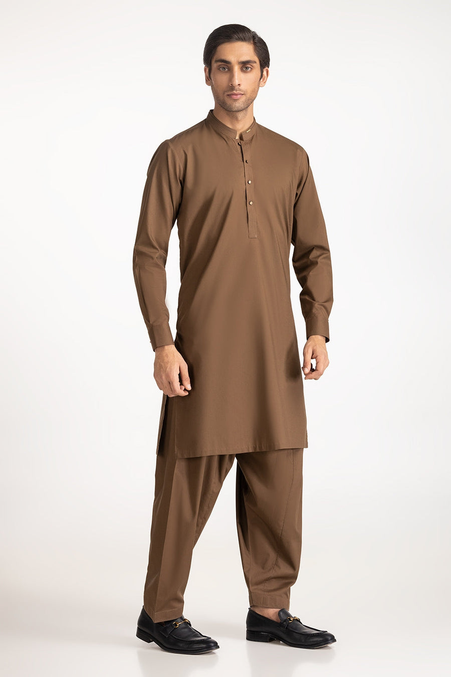Chocolate Brown Silk 2-Piece Kurta | Mandarin Collar