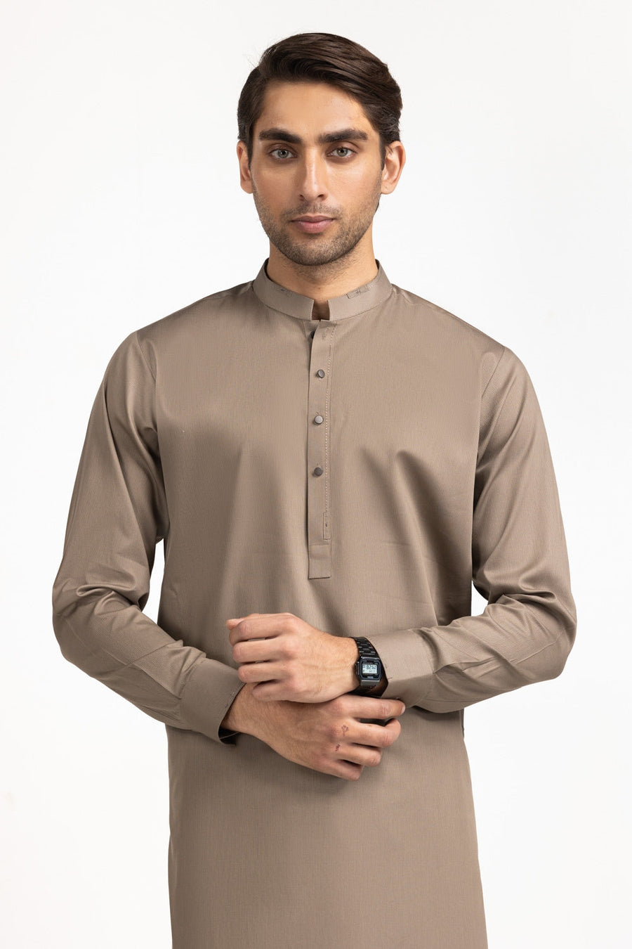Taupe Silk 2-Piece Men's Kurta | Mandarin Collar