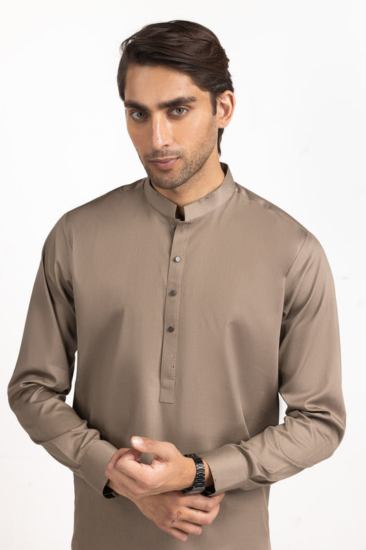 Taupe Silk 2-Piece Men's Kurta | Mandarin Collar