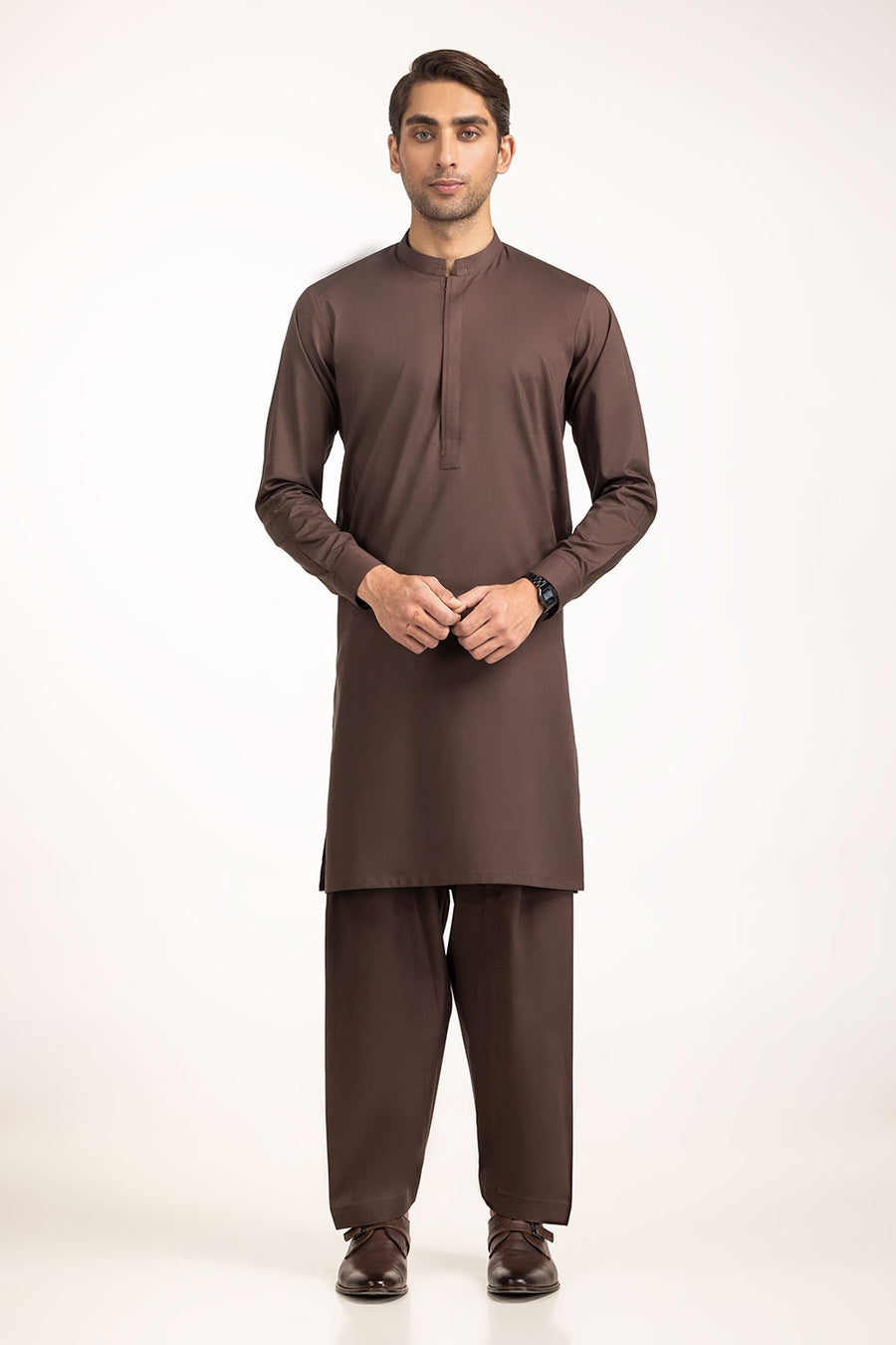 Chocolate Brown Mulberry Silk 2-Piece Kurta | Henley Neckline