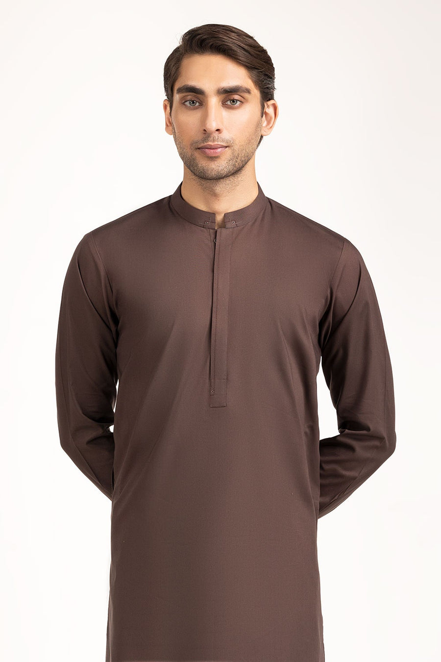 Chocolate Brown Mulberry Silk 2-Piece Kurta | Henley Neckline