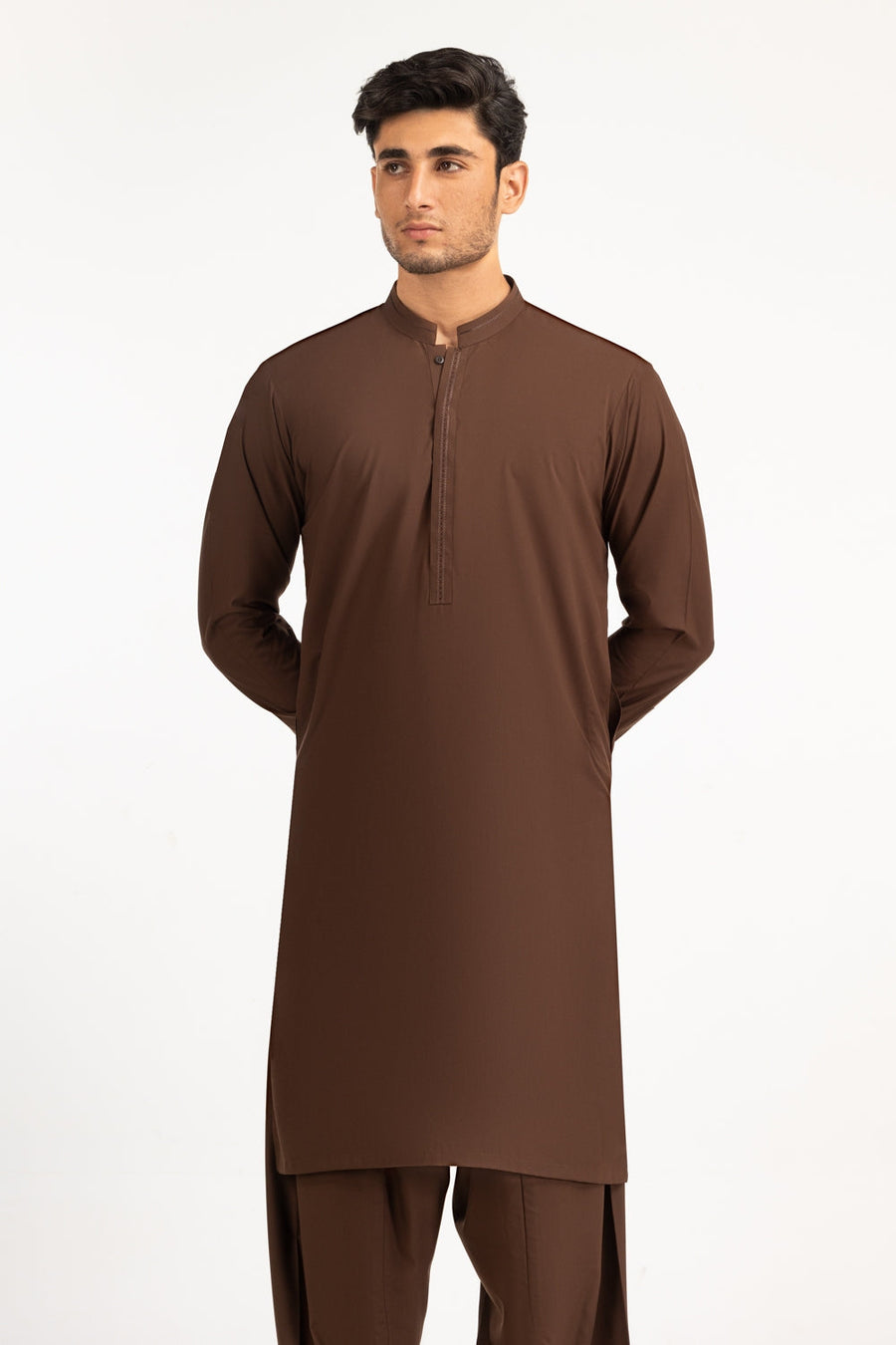 Chocolate Brown Silk 2-Piece Kurta | Half-Zip Placket