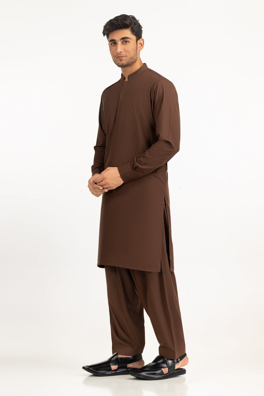 Chocolate Brown Silk 2-Piece Kurta | Half-Zip Placket