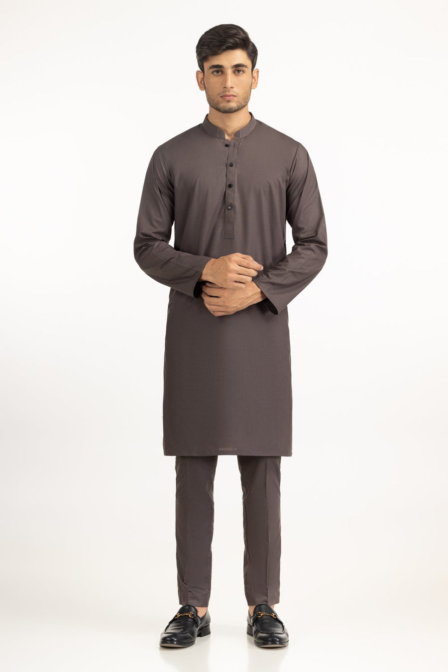 Chocolate Brown Muga Silk 2-Piece Kurta | Mandarin Collar