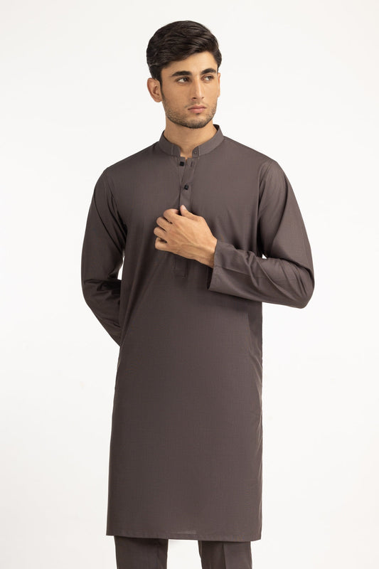 Chocolate Brown Muga Silk 2-Piece Kurta | Mandarin Collar