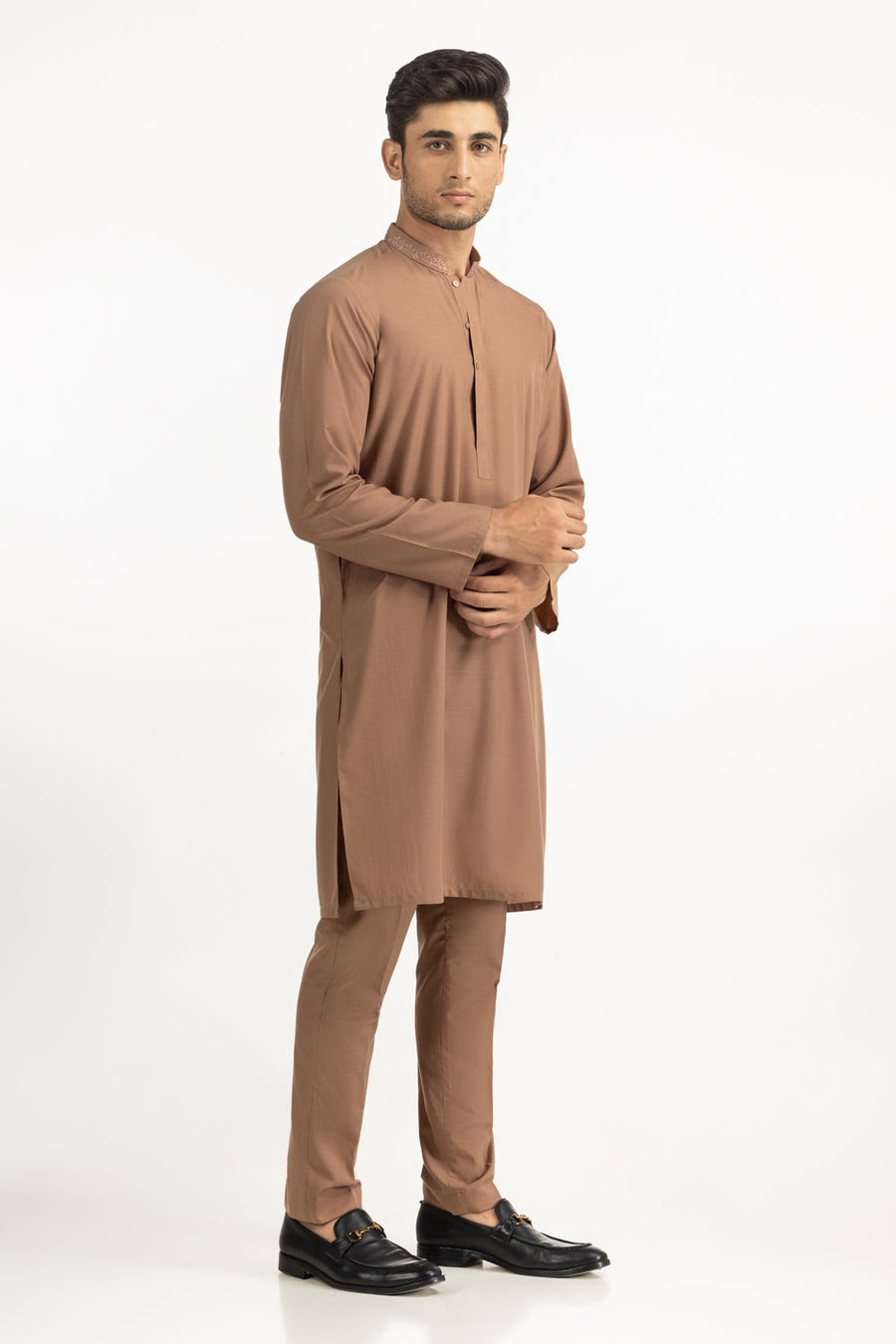 Caramel Silk Kurta | Embroidered Collar Detail