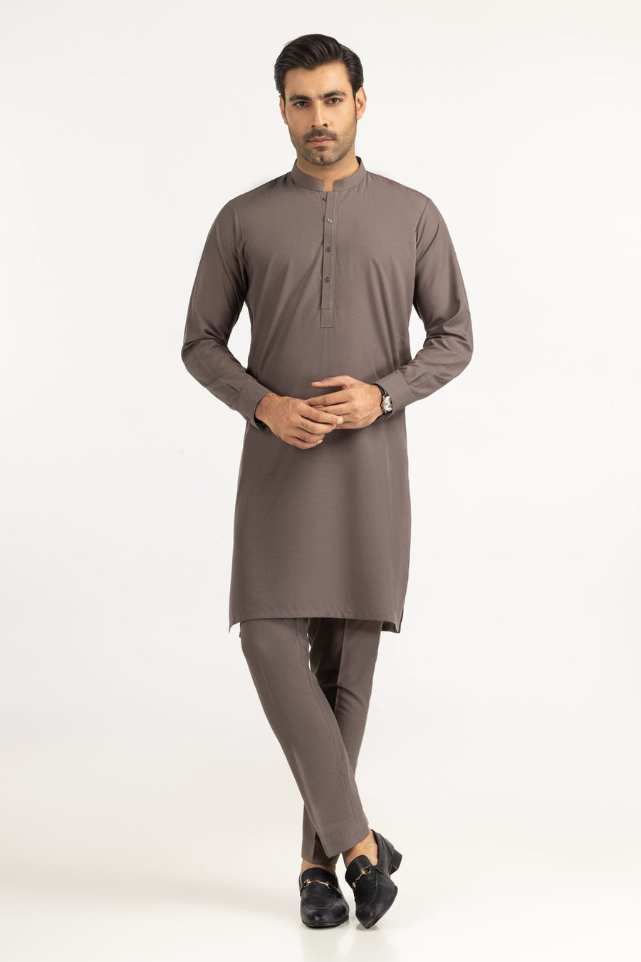 Taupe Mulberry Silk 2-Piece Kurta Shalwar | Mandarin Collar