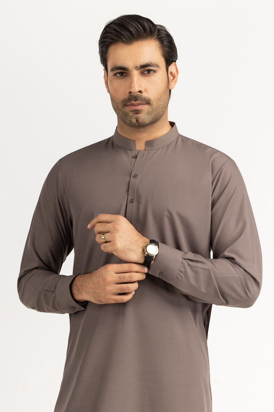 Taupe Mulberry Silk 2-Piece Kurta Shalwar | Mandarin Collar
