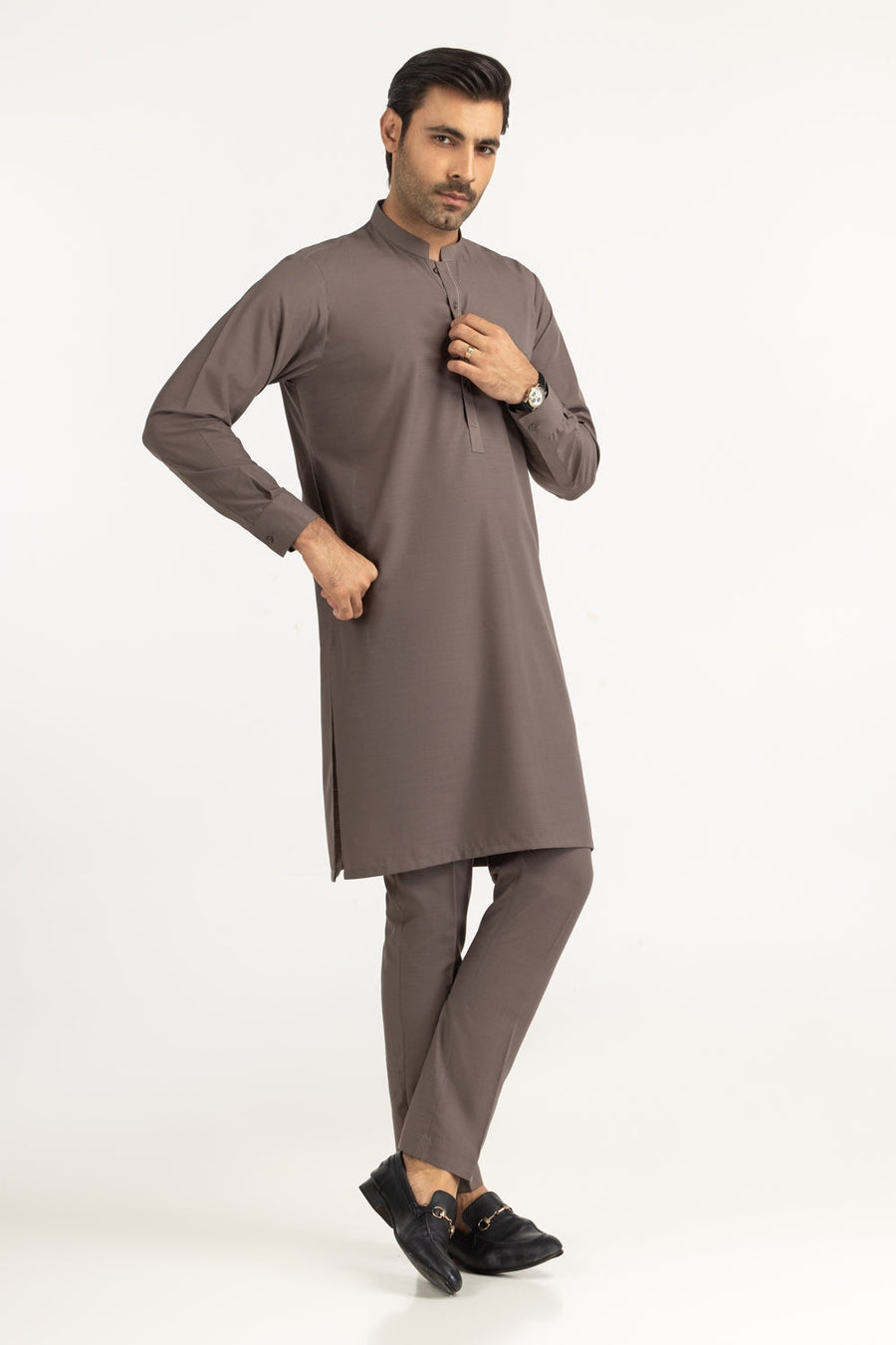 Taupe Mulberry Silk 2-Piece Kurta Shalwar | Mandarin Collar