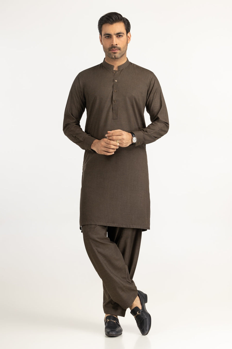 Chocolate Brown Cotton Salwar Kameez | Mandarin Collar