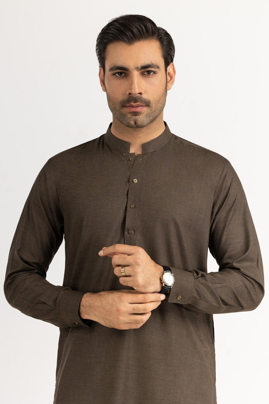 Chocolate Brown Cotton Salwar Kameez | Mandarin Collar