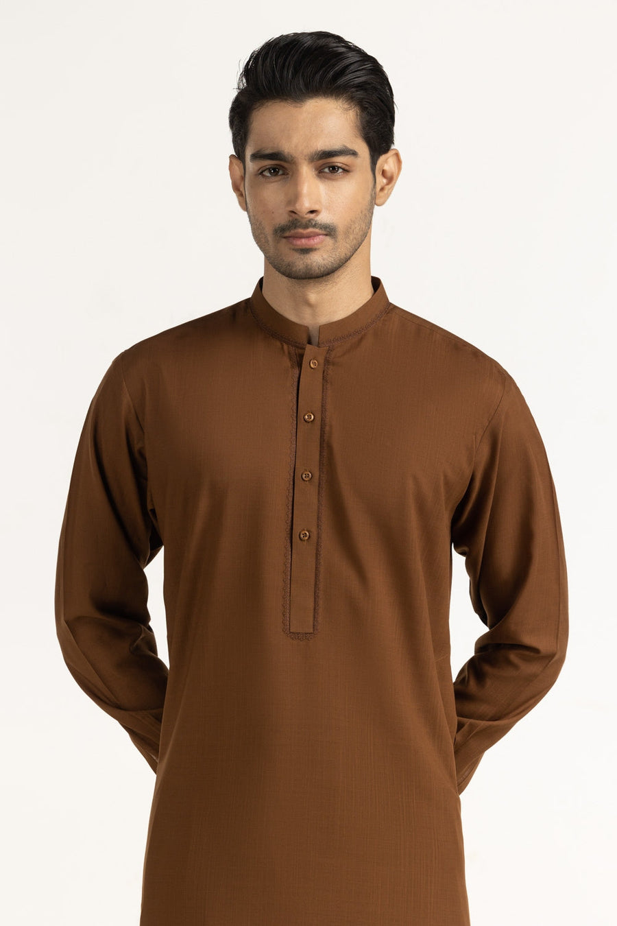 Chocolate Brown Silk Men's Kurta | Henley Neckline