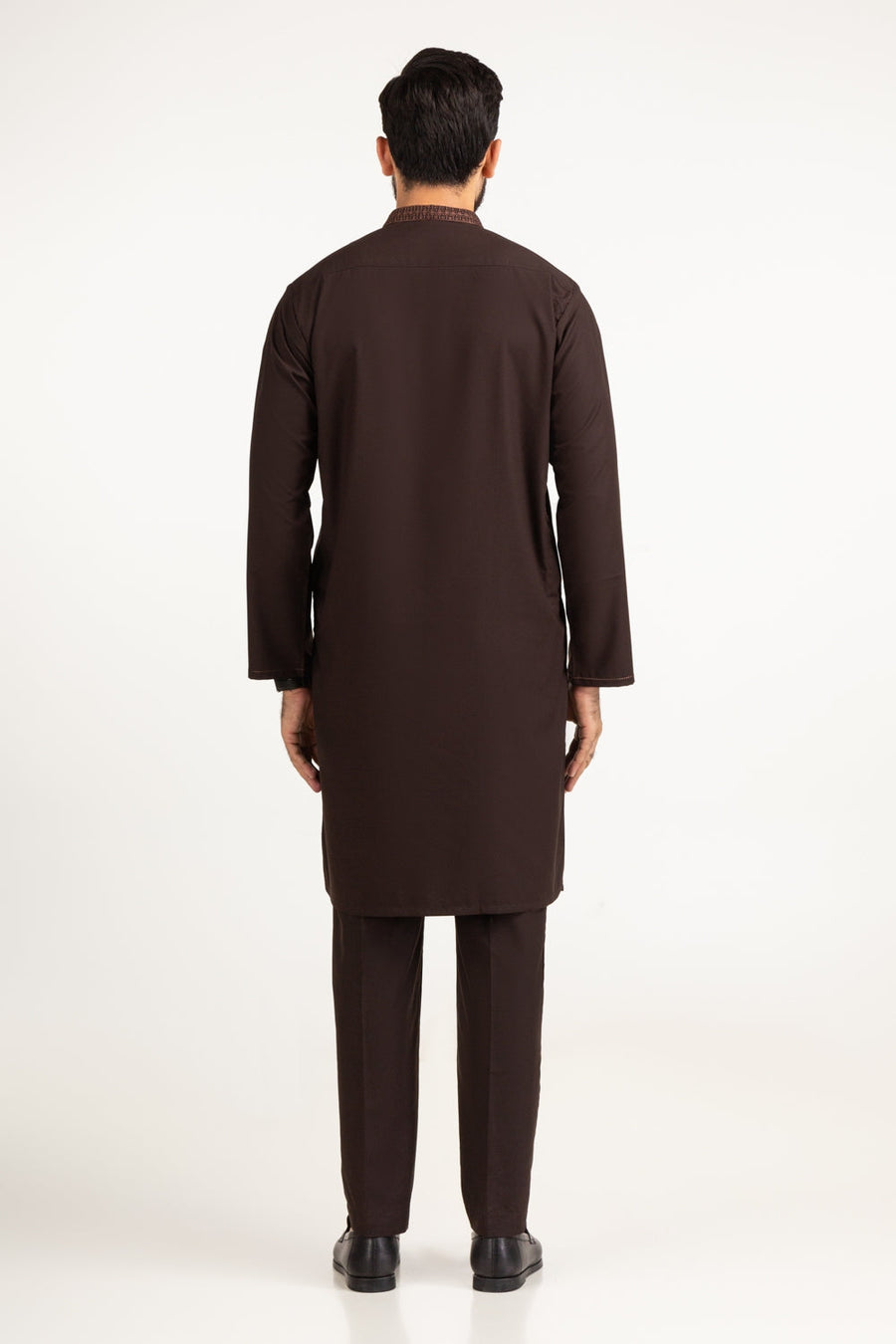 Chocolate Brown Khaddar 1-Piece Kurta | Embroidered Neckline