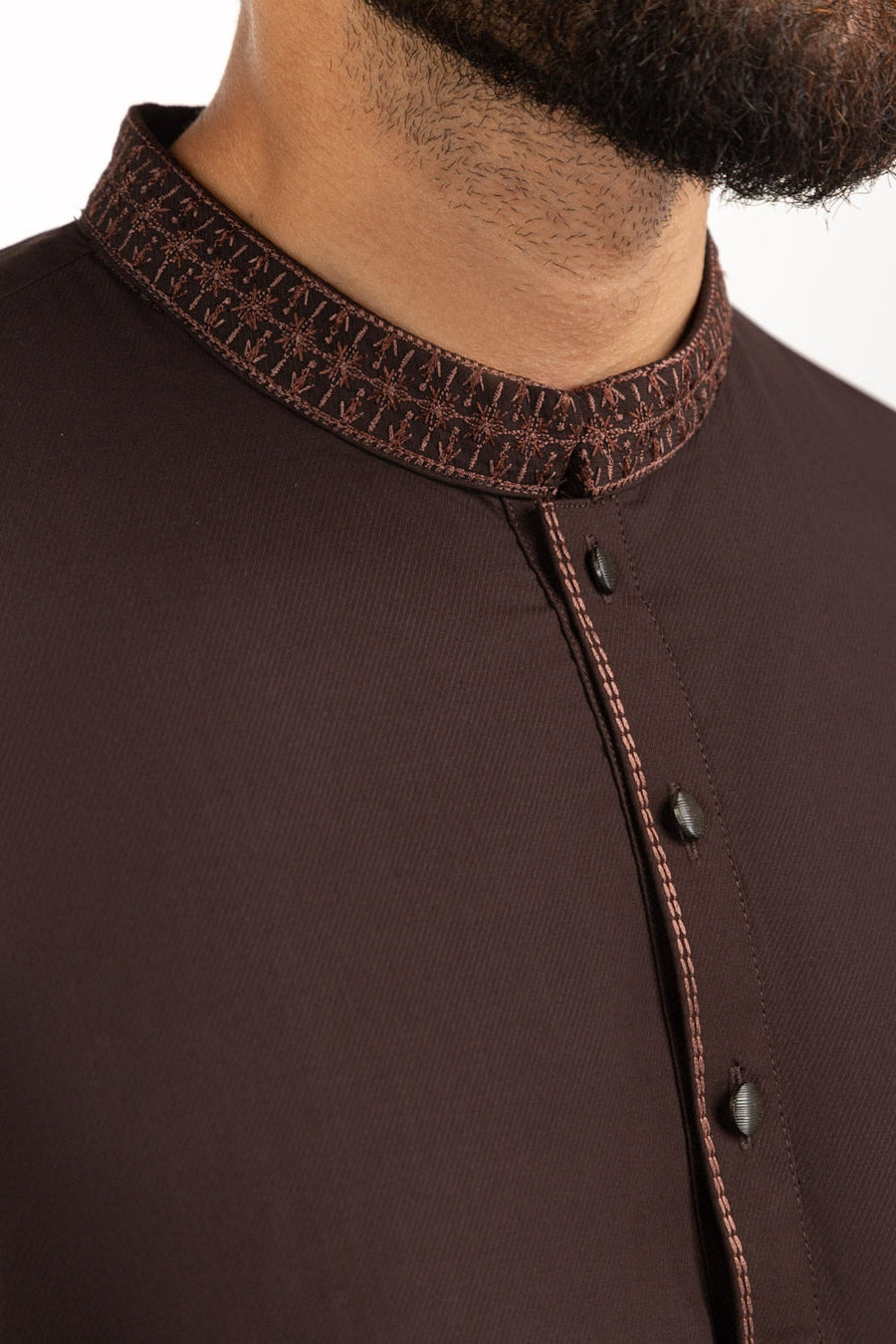 Chocolate Brown Khaddar 1-Piece Kurta | Embroidered Neckline