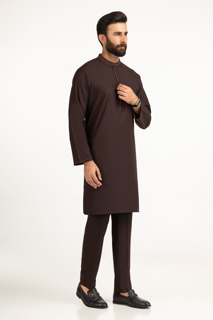 Chocolate Brown Khaddar 1-Piece Kurta | Embroidered Neckline