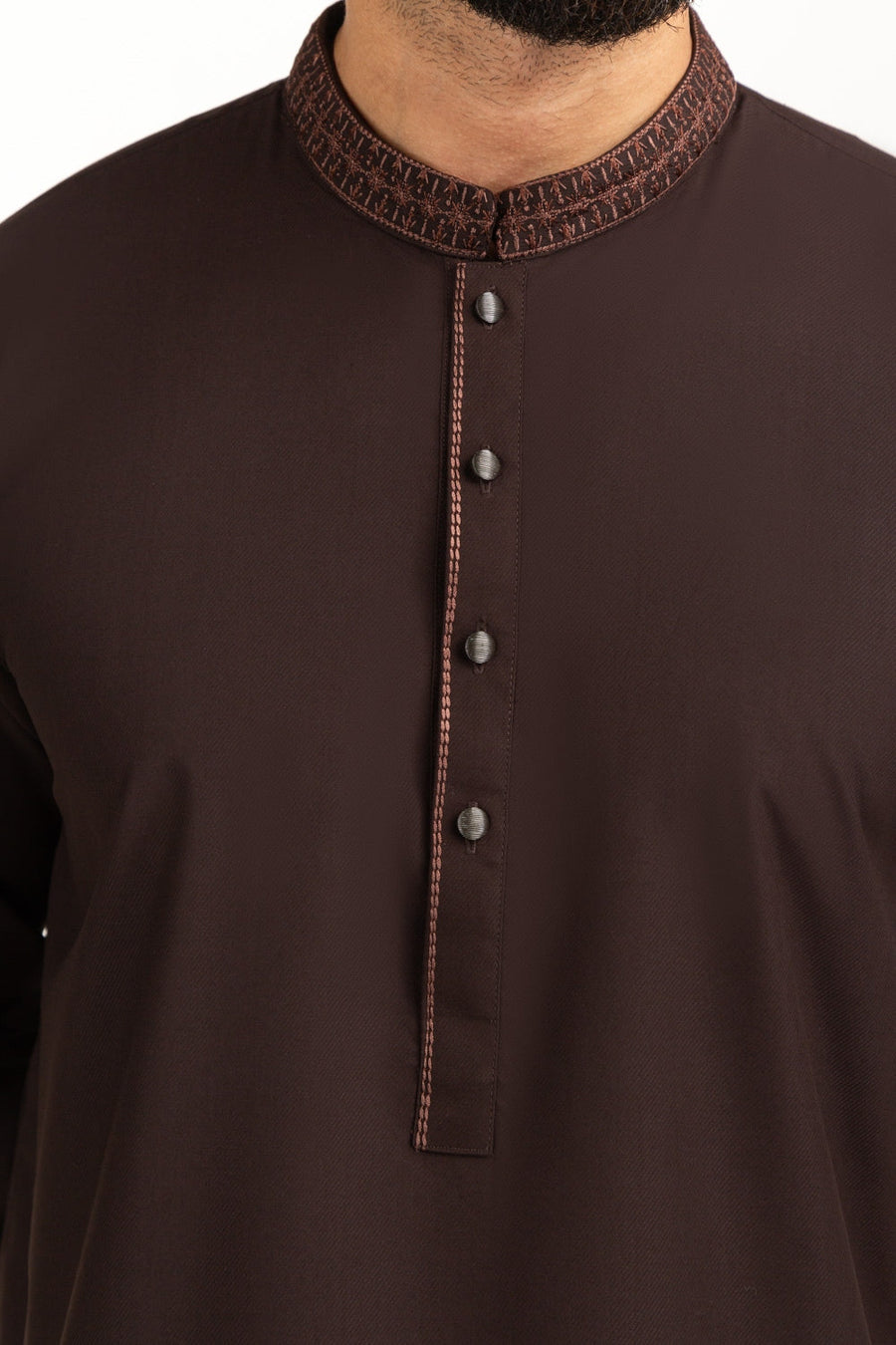 Chocolate Brown Khaddar 1-Piece Kurta | Embroidered Neckline