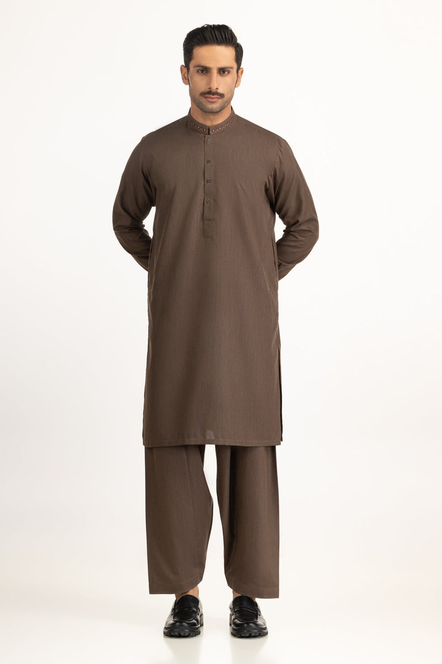 Chocolate Brown Silk 2-Piece Kurta | Studded Neckline