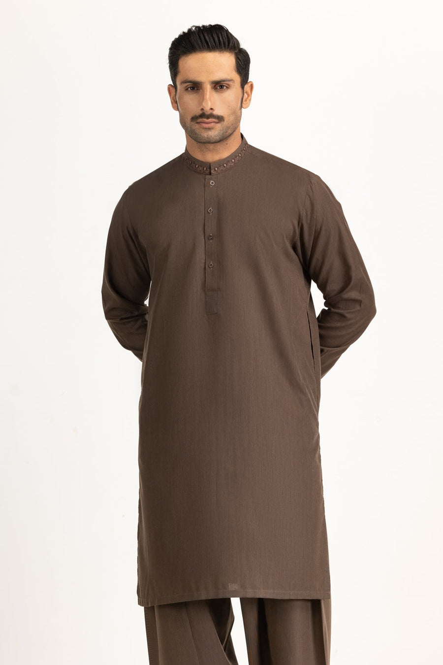Chocolate Brown Silk 2-Piece Kurta | Studded Neckline