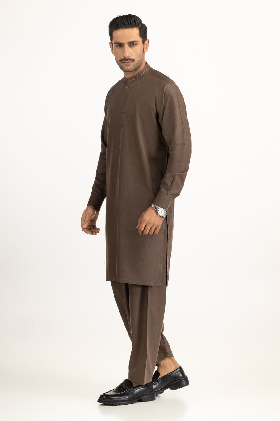 Chocolate Brown Silk 2-Piece Kurta | Studded Neckline