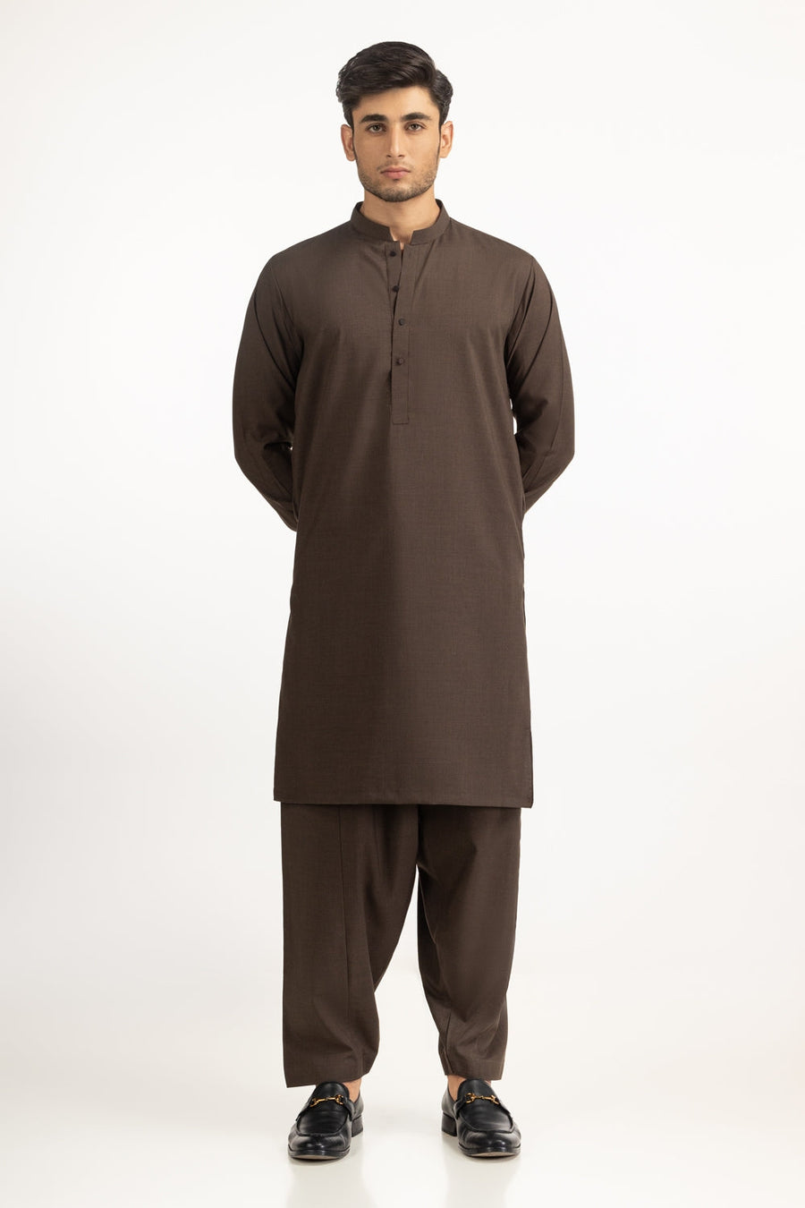 Chocolate Brown Mulberry Silk 2-Piece Kurta | Mandarin Collar