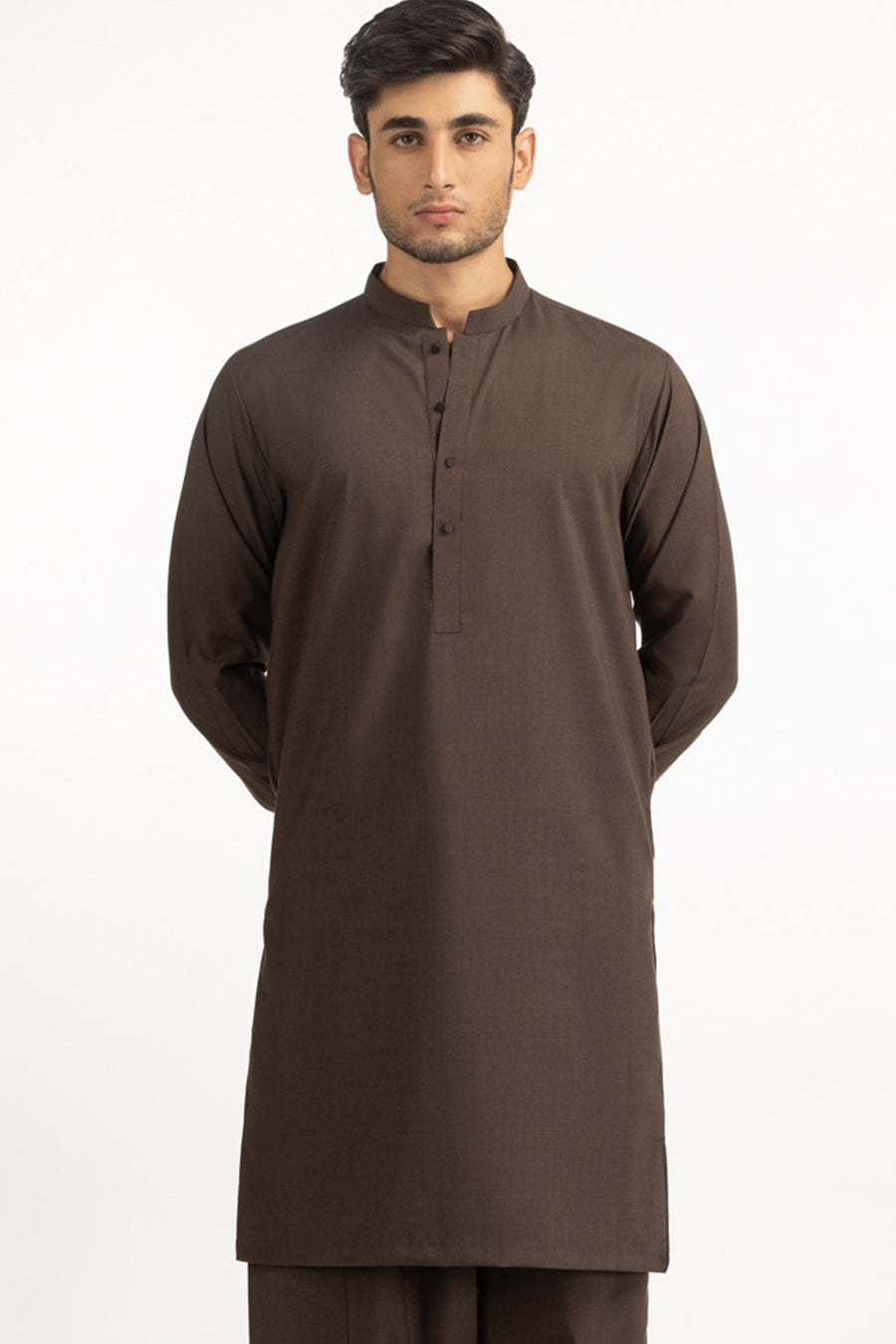Chocolate Brown Mulberry Silk 2-Piece Kurta | Mandarin Collar