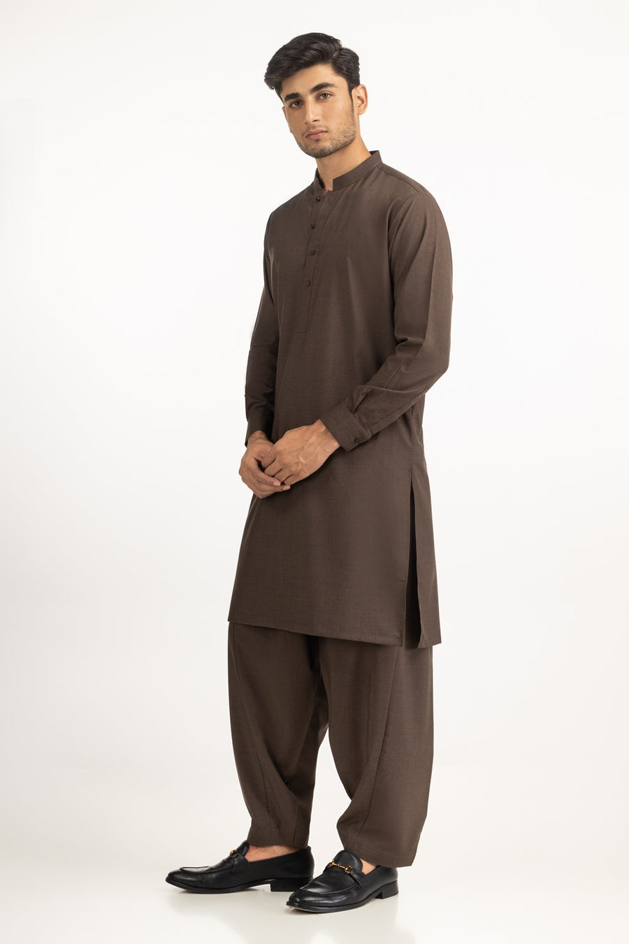 Chocolate Brown Mulberry Silk 2-Piece Kurta | Mandarin Collar