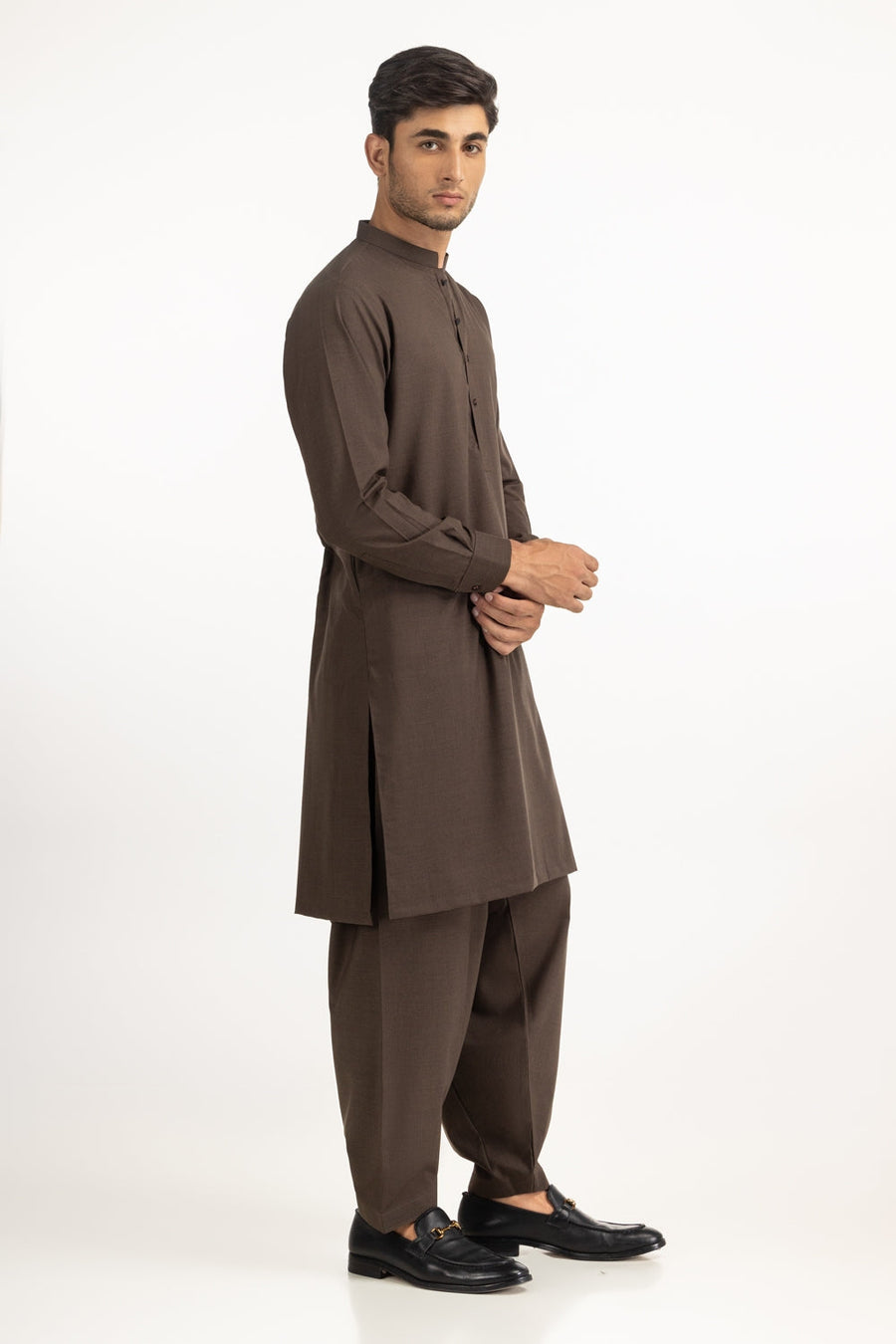 Chocolate Brown Mulberry Silk 2-Piece Kurta | Mandarin Collar