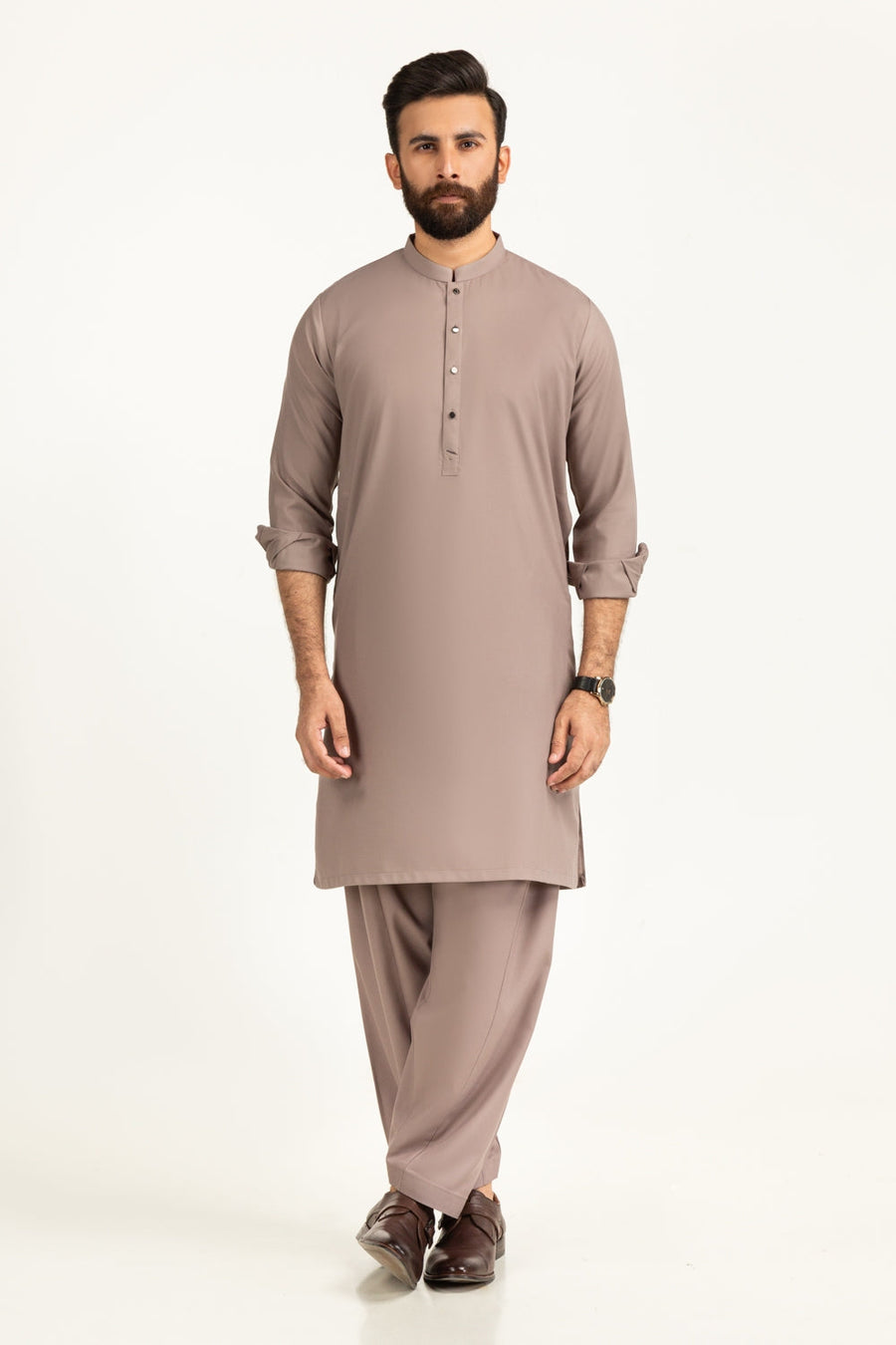 Taupe Cotton Kurta | Mandarin Collar with Button Placket