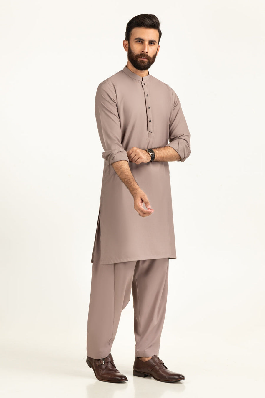 Taupe Cotton Kurta | Mandarin Collar with Button Placket