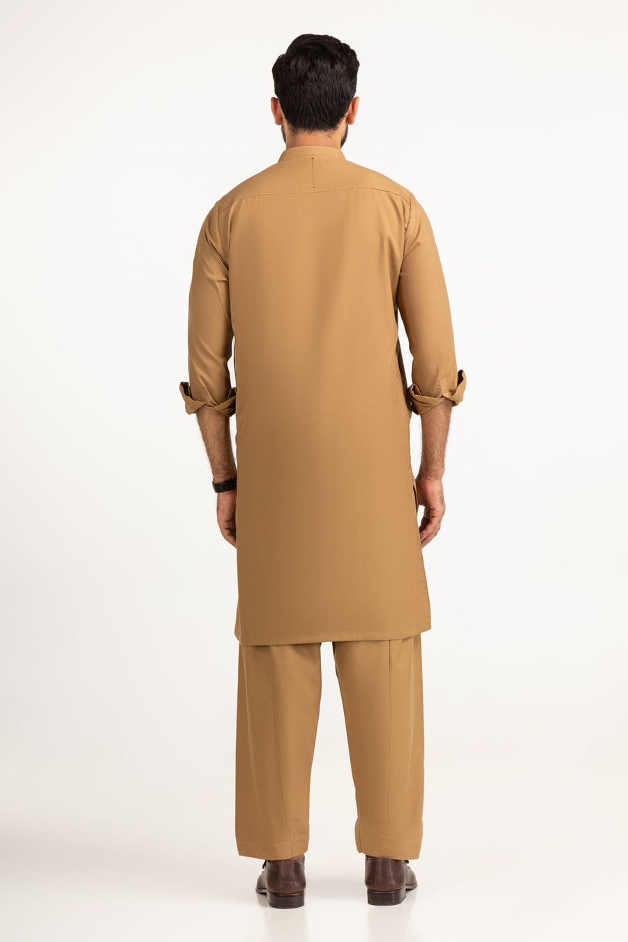 Camel Cotton Kurta | Mandarin Collar Half-Button Placket