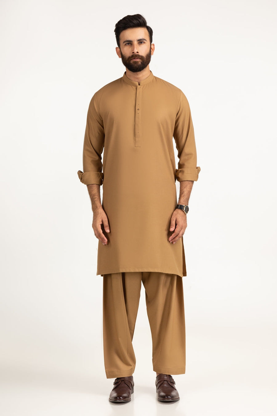 Camel Cotton Kurta | Mandarin Collar Half-Button Placket