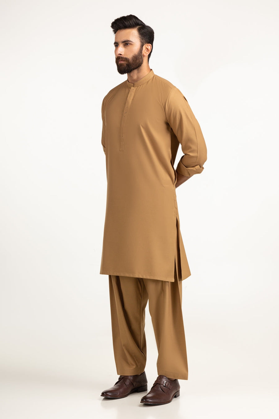 Camel Cotton Kurta | Mandarin Collar Half-Button Placket