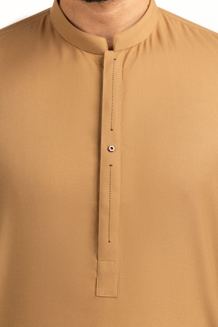 Camel Cotton Kurta | Mandarin Collar Half-Button Placket
