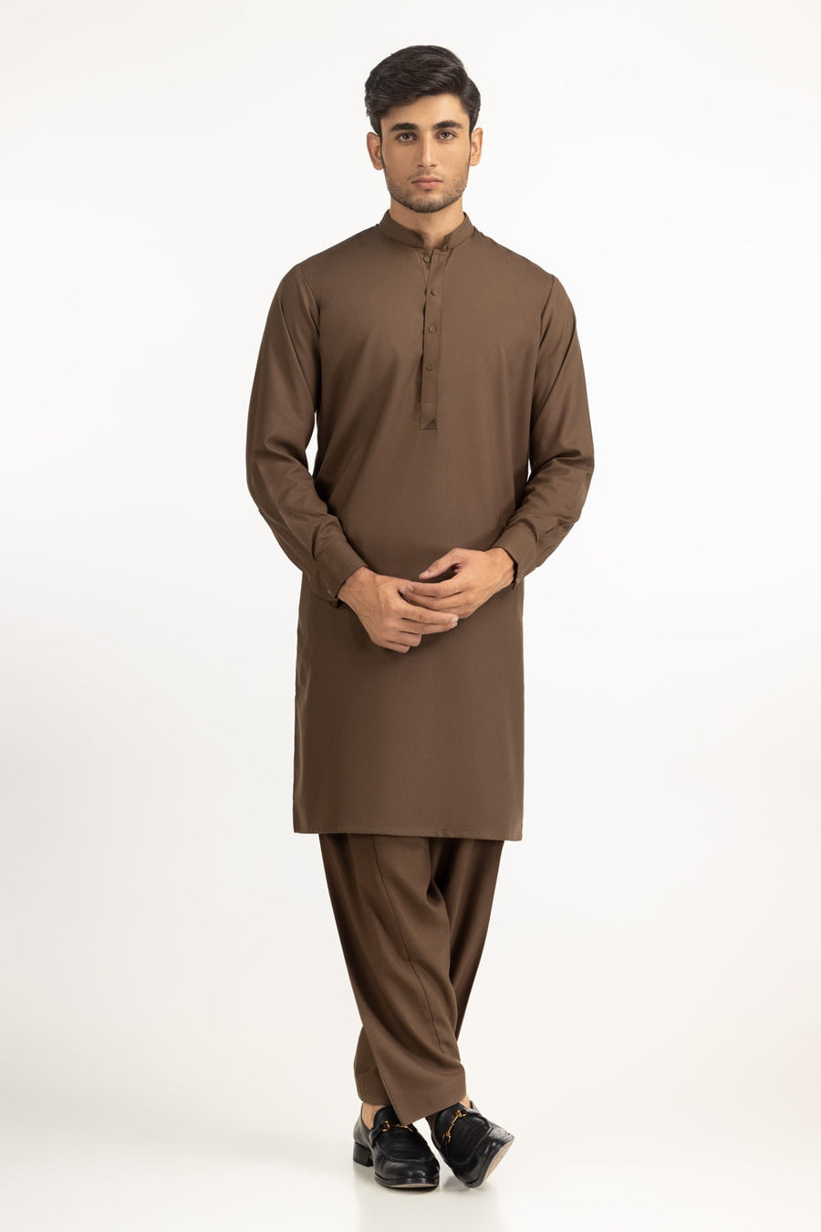 Chocolate Brown Silk 2-Piece Kurta | Mandarin Collar