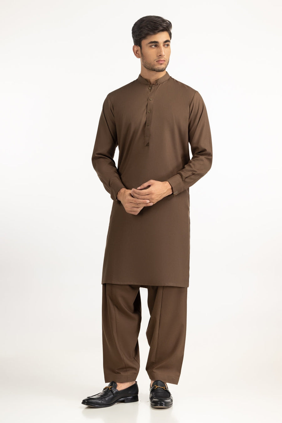 Chocolate Brown Silk 2-Piece Kurta | Mandarin Collar