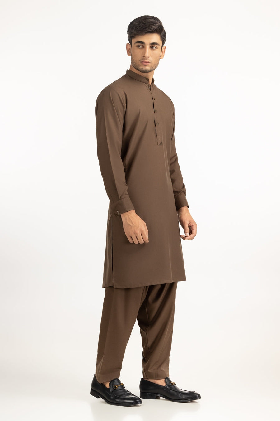 Chocolate Brown Silk 2-Piece Kurta | Mandarin Collar