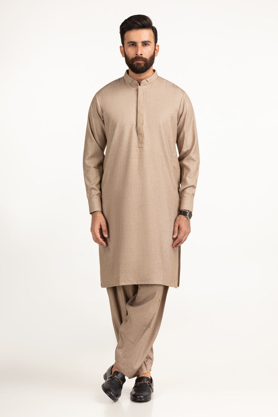 Beige Mulberry Silk 3-Piece Kurta | Button-Front Collar