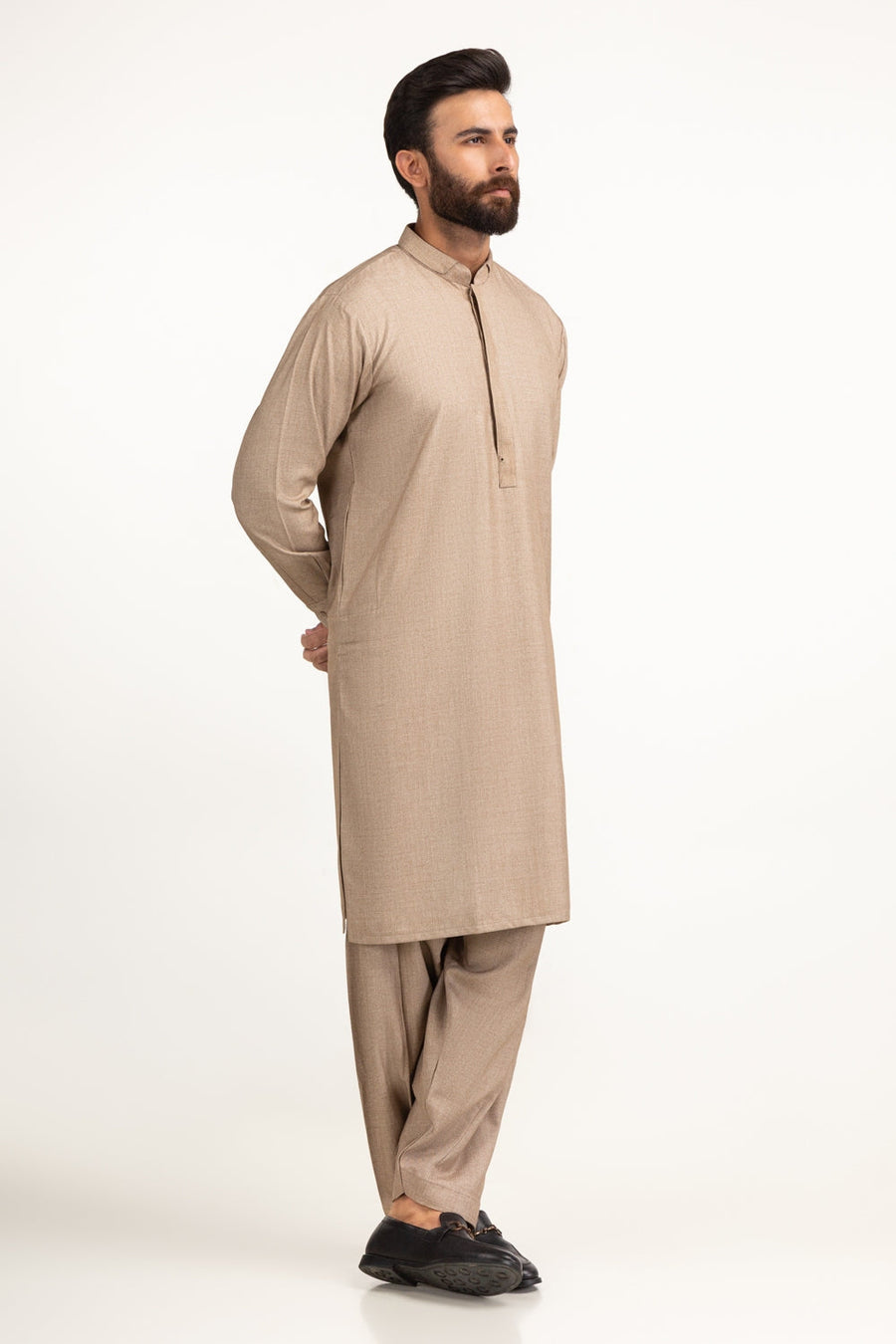 Beige Mulberry Silk 3-Piece Kurta | Button-Front Collar