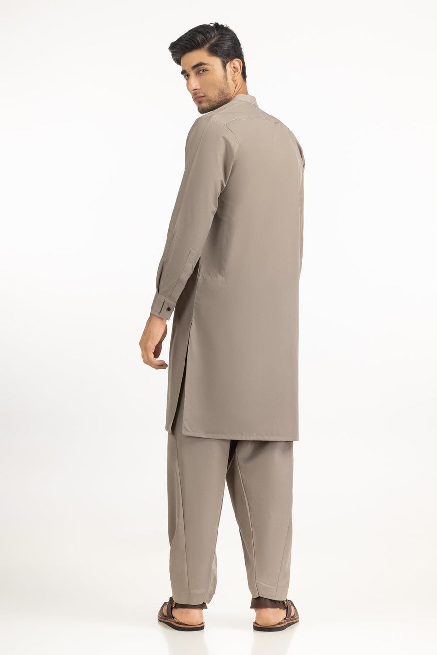 Taupe Silk 2-Piece Kurta Shalwar | Mandarin Collar