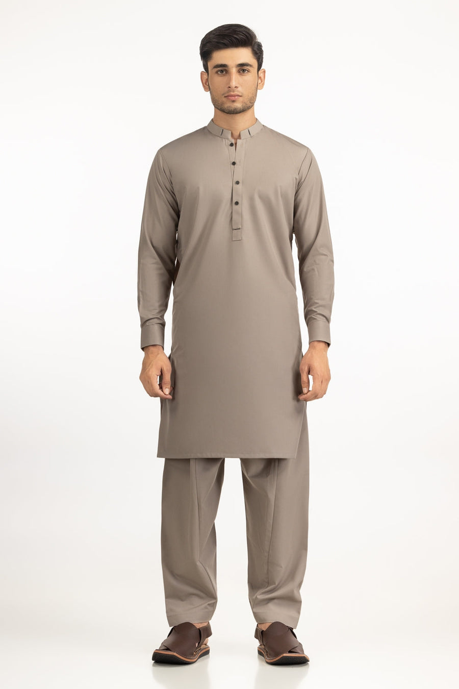 Taupe Silk 2-Piece Kurta Shalwar | Mandarin Collar